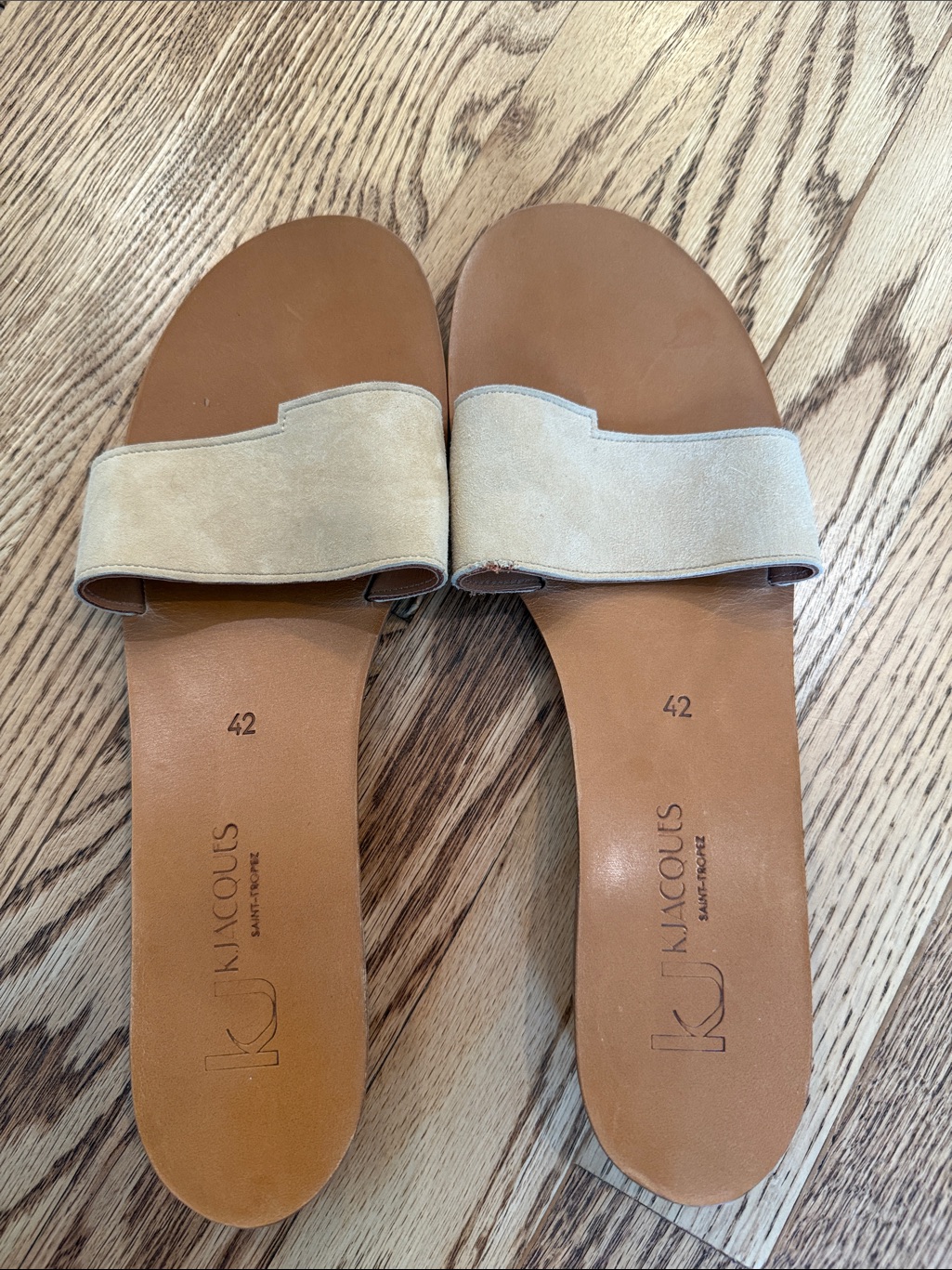 K.Jacques Tan Leather Footbed With Beige Suede Slide Mules